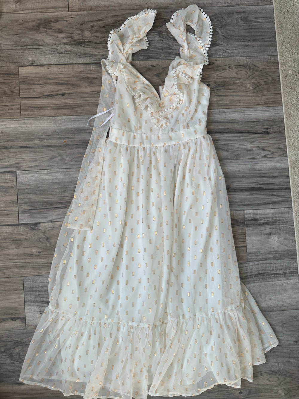 NWT Lulus Lovely Mood White Dress Gold Foil Dot Accent Tier Ruffle Flaw Midi XS